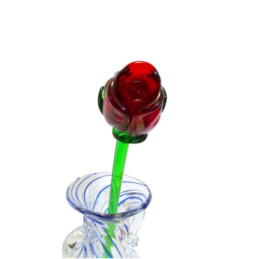 Hand Blown Long Stem Red Rose Bud Glass Flower